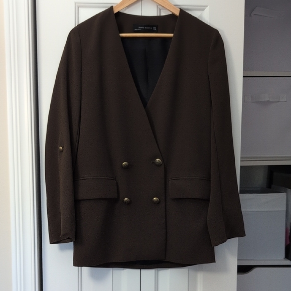 Zara Dark Brown Double-Breasted Blazer - Picture 1 of 7